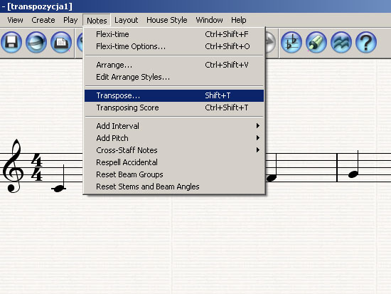 Wybierz "Notes/Transpose"